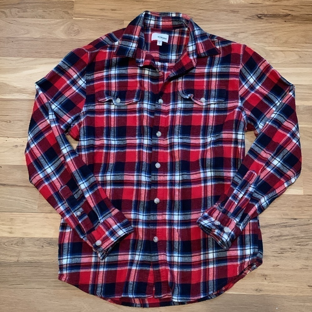 SONOMA Long Sleeve Button-Up Collared Red & Blue Plaid Flannel Shirt Men’s S